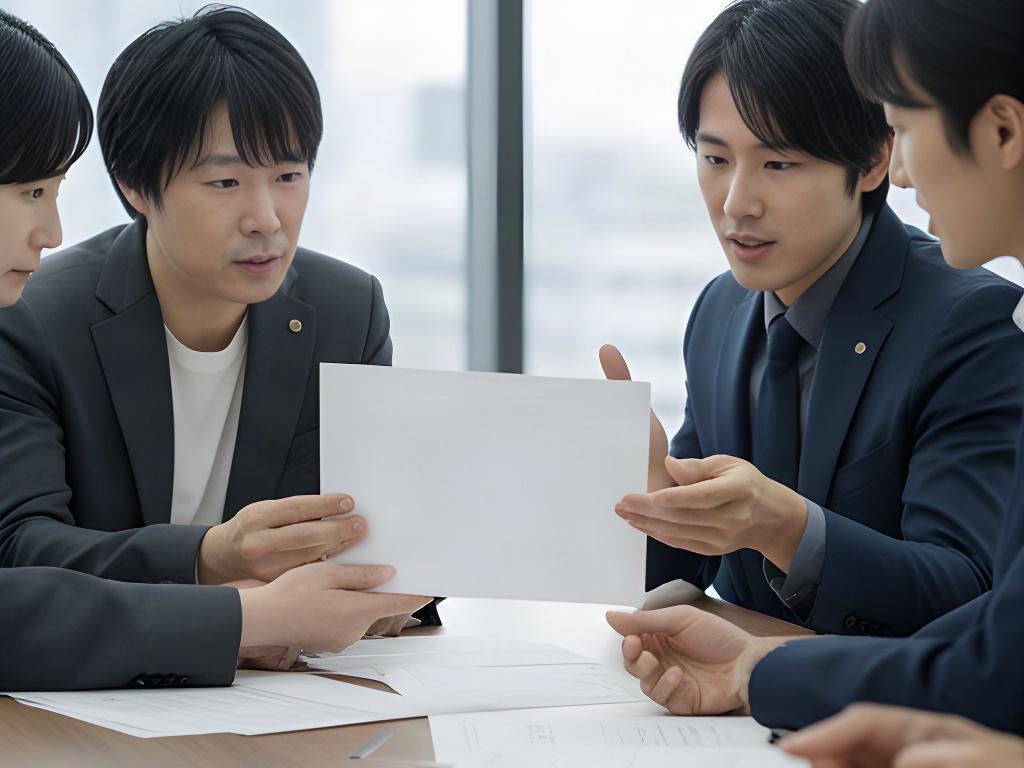 AIの利用範囲やデータの扱いについて資料を確認する日本人の担当者