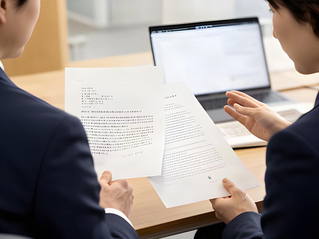 日本語と英語の業務文書を原文と照らし合わせる日本人の同僚