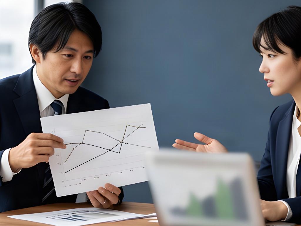 業務データの傾向を確認し、今後の業務量を話し合う日本人の担当者