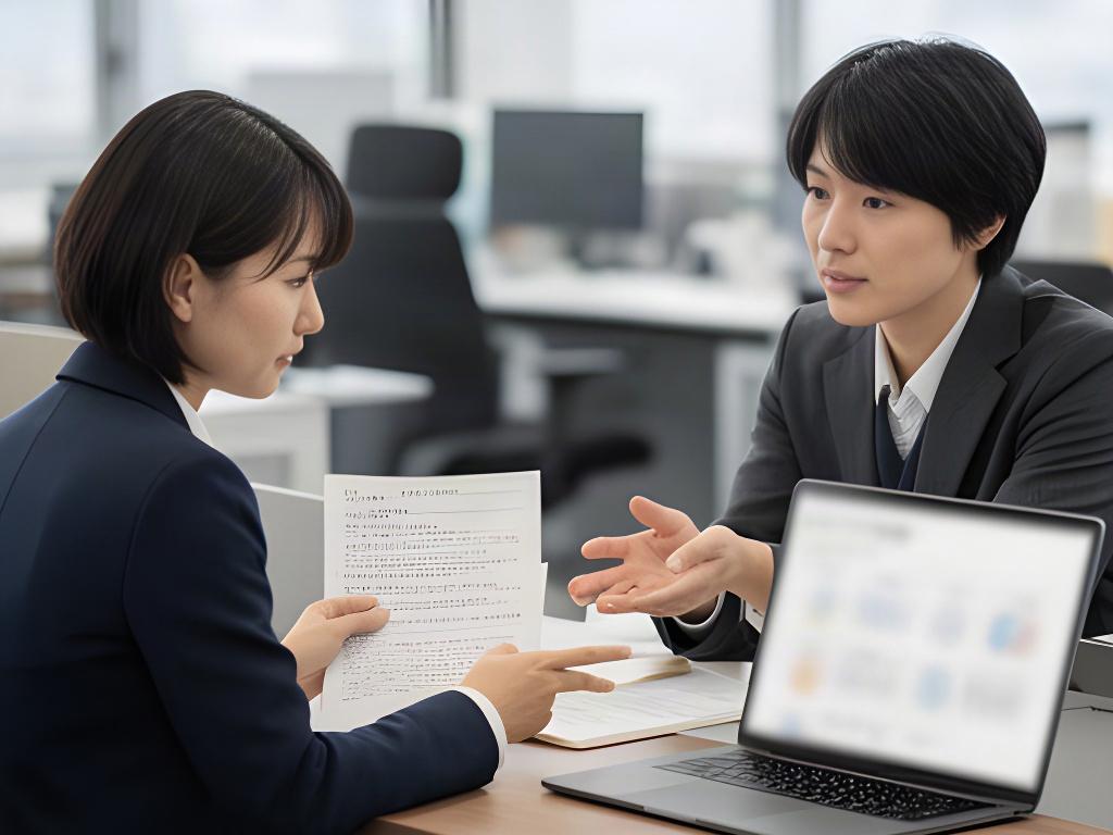 問い合わせ内容を確認し、担当者への引き継ぎを相談する日本人スタッフ