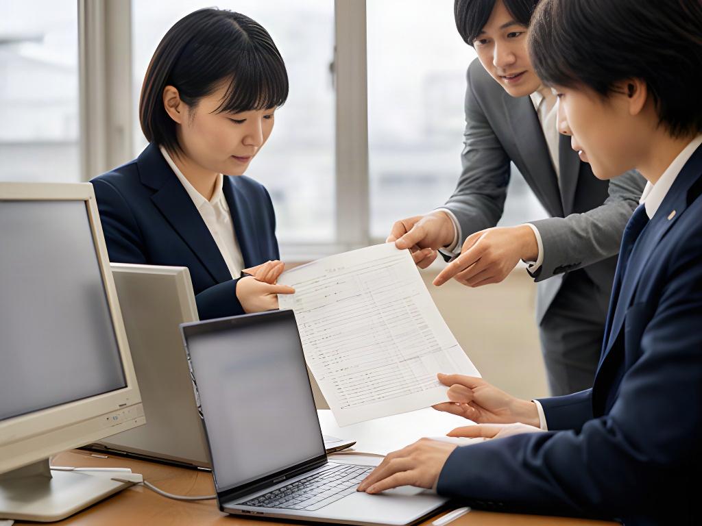 既存の業務システムと新しい作業環境の情報連携を相談する日本人スタッフ