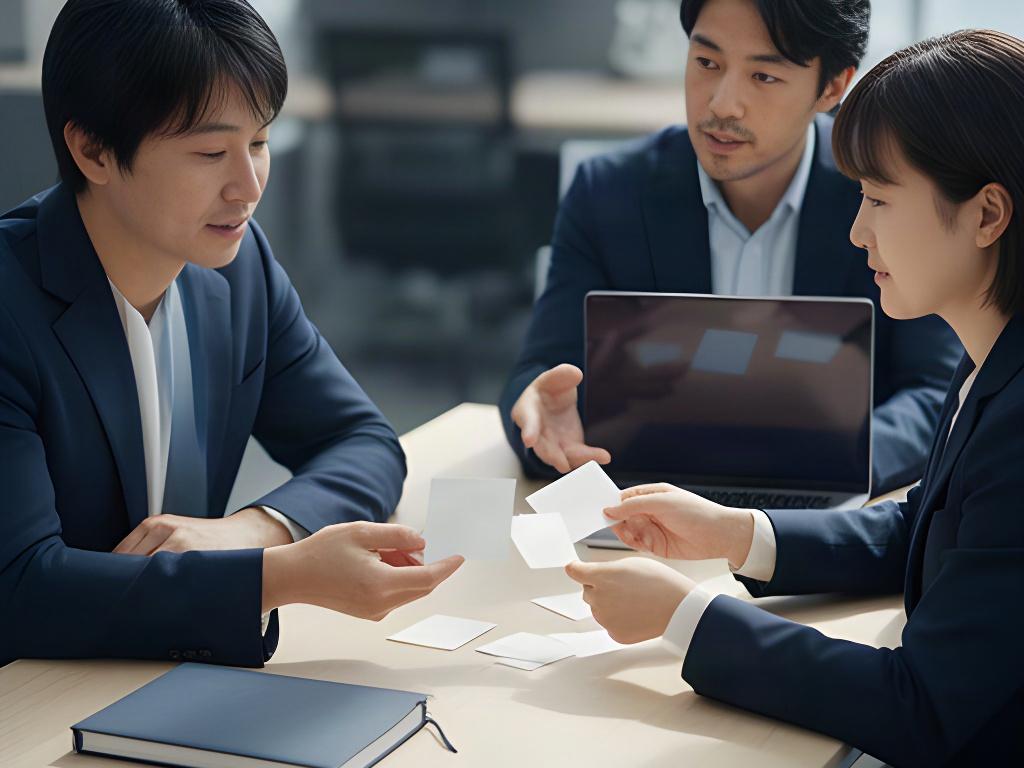依頼内容を見ながら担当や優先順位を相談する日本人のチーム