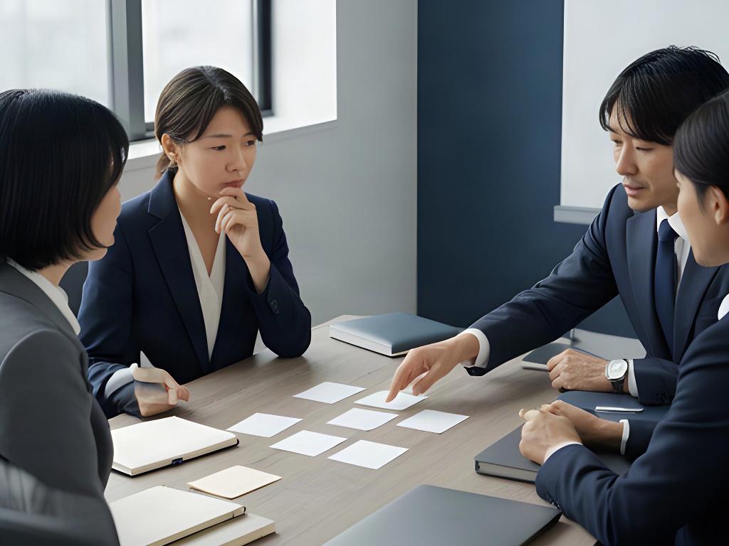 業務フローを囲み、改善の進め方を話し合う日本人のビジネスチーム
